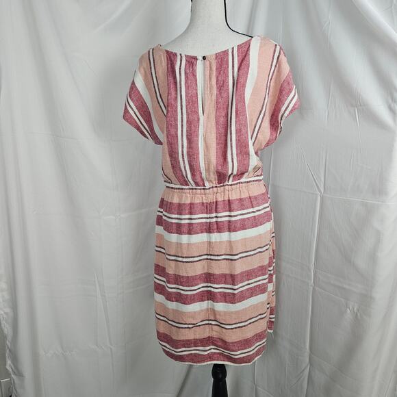 Old Navy Womens Sz Medium Pink Red Striped Linen Blend Dress Coastal Nautical - Picture 4 of 10